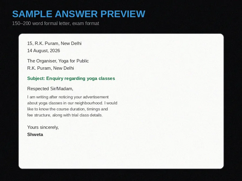 Sample answer letter for as a health conscious person you noticed an advertisement, yoga classes enquiry